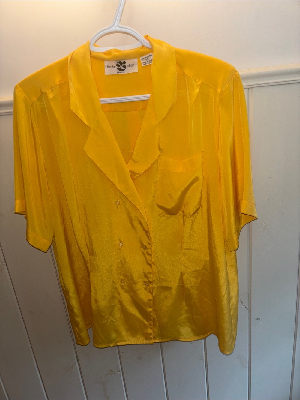 The Big Blue Bright Yellow Satin Short-Sleeve Button-Down Top